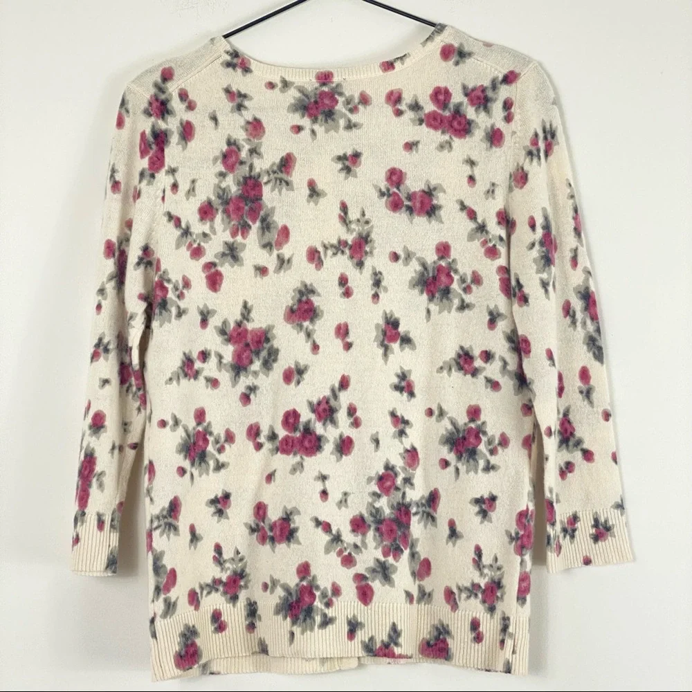 Talbots Petites Cottagecore Cardigan Ivory Pink Floral Rhinestone Buttons - Picture 3 of 6